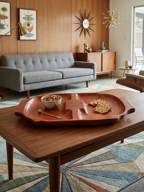 Solid Carved Teak Wood Divided Coffee Table Tray Retro Vintage Decor